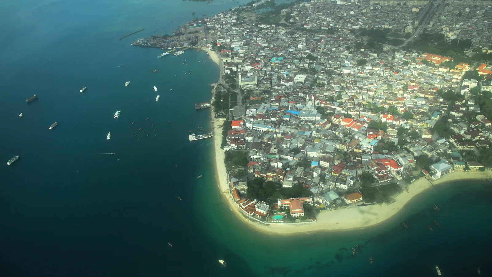 Aerial view over Stone Town and Zanzibar City